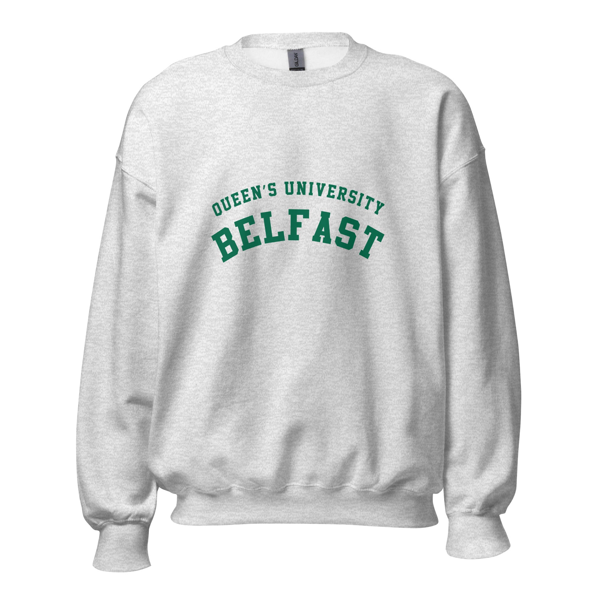 Unisex black sweatshirt featuring Queen's University Belfast logo printed across the front chest