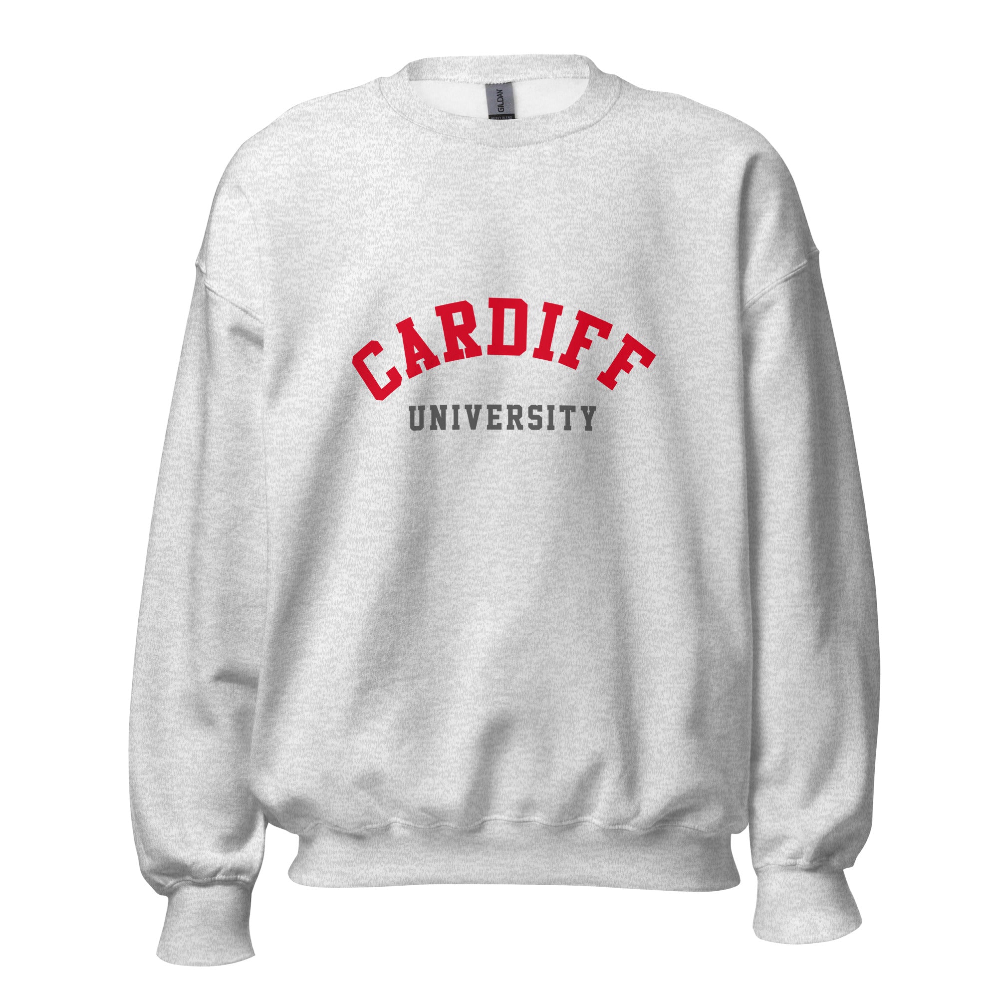 Unisex heather gray sweatshirt featuring Cardiff University logo printed across the front chest