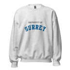Unisex black sweatshirt featuring University of Surrey logo printed across the front chest