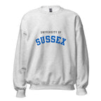Unisex black sweatshirt featuring University of Sussex logo printed across the front chest