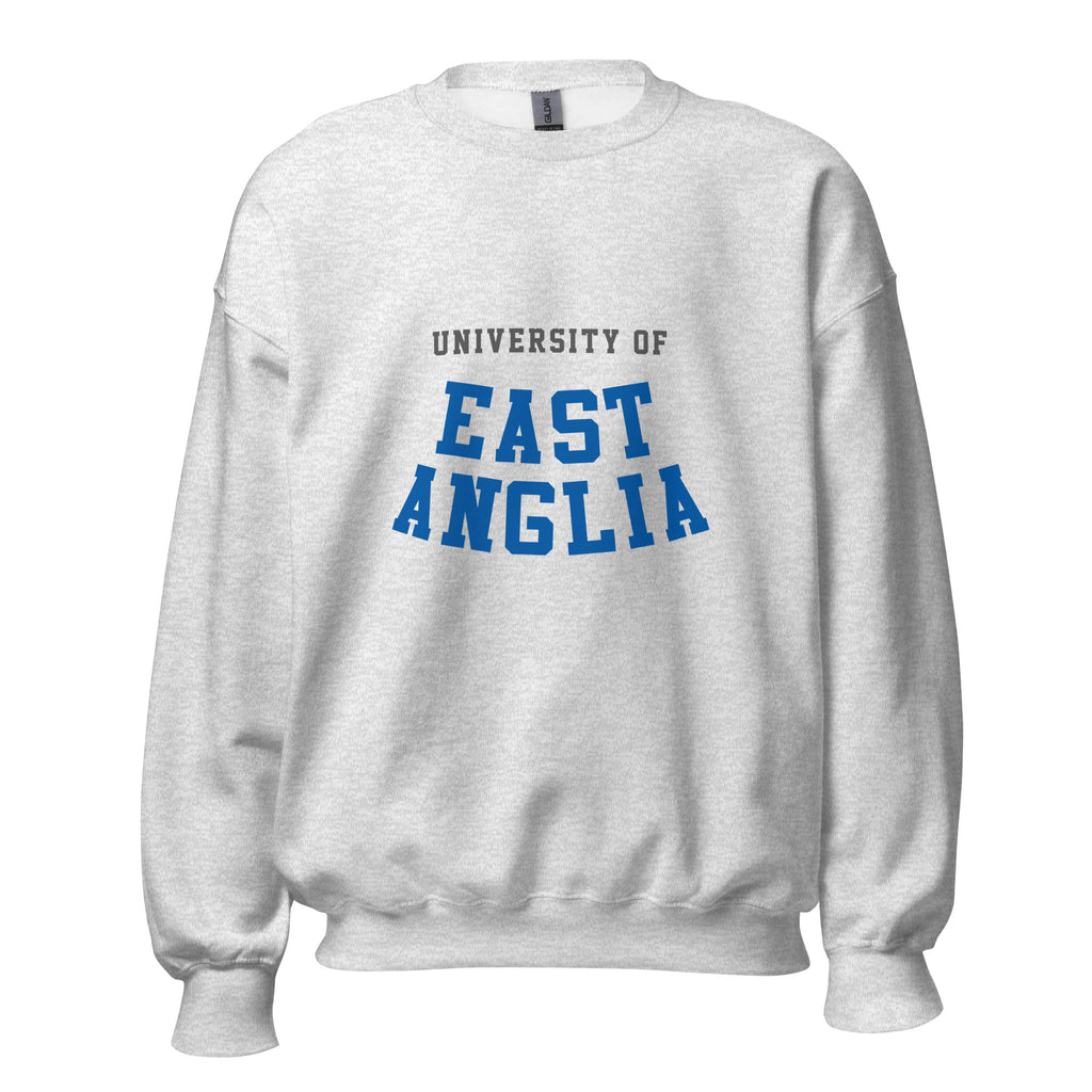 Unisex black sweatshirt featuring University of East Anglia logo printed across the front chest