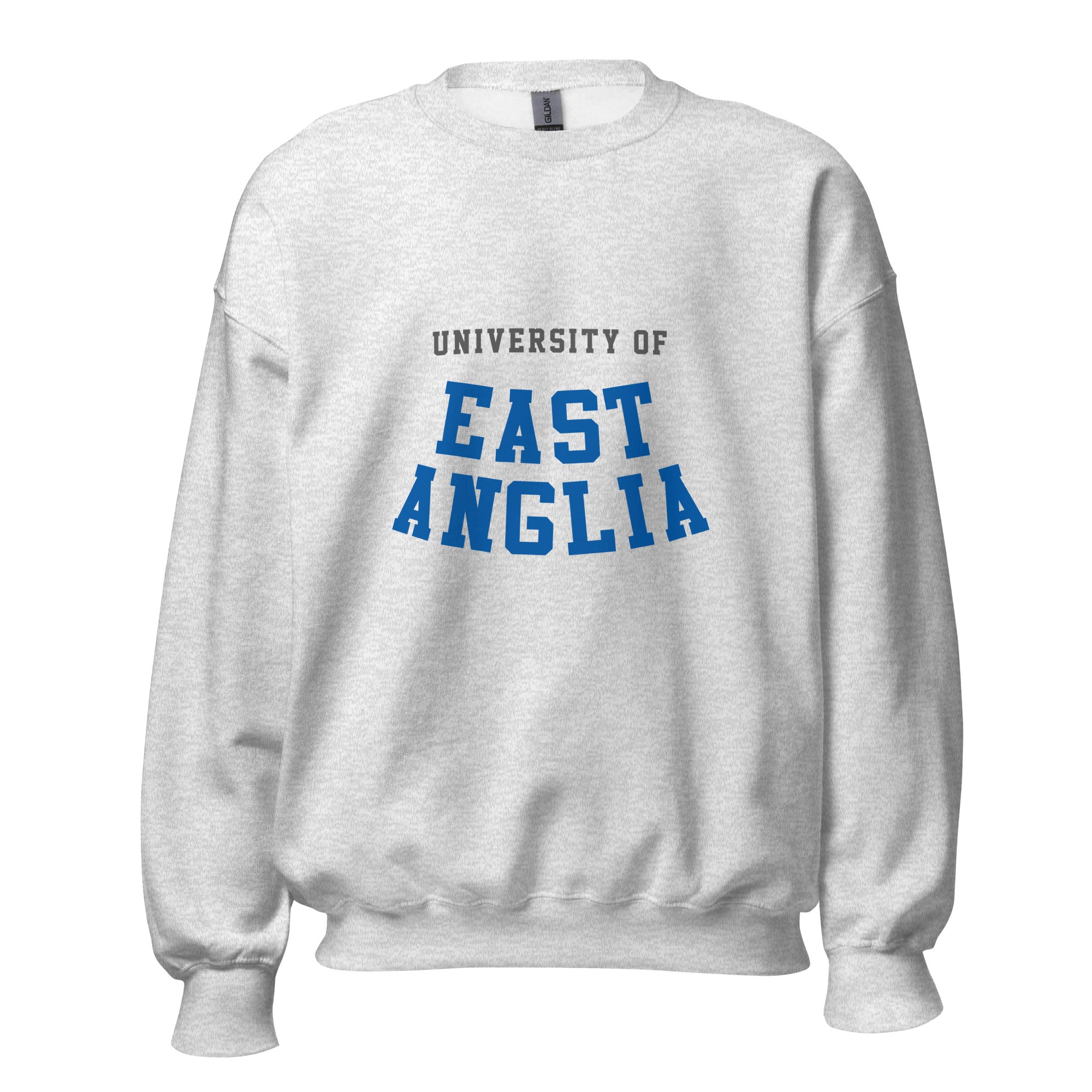 Unisex black sweatshirt featuring University of East Anglia logo printed across the front chest