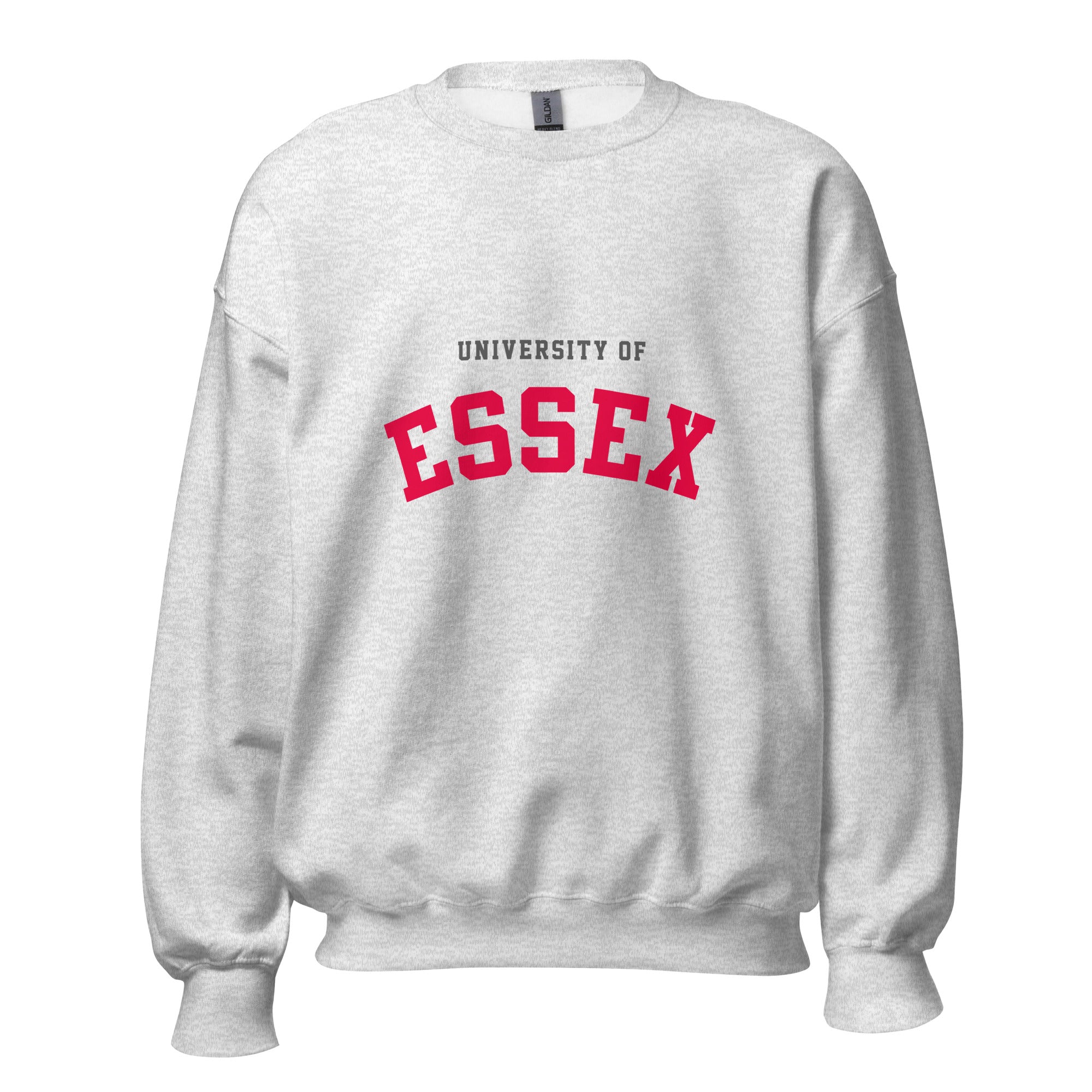 Unisex heather gray sweatshirt featuring University of Essex logo printed across the front chest