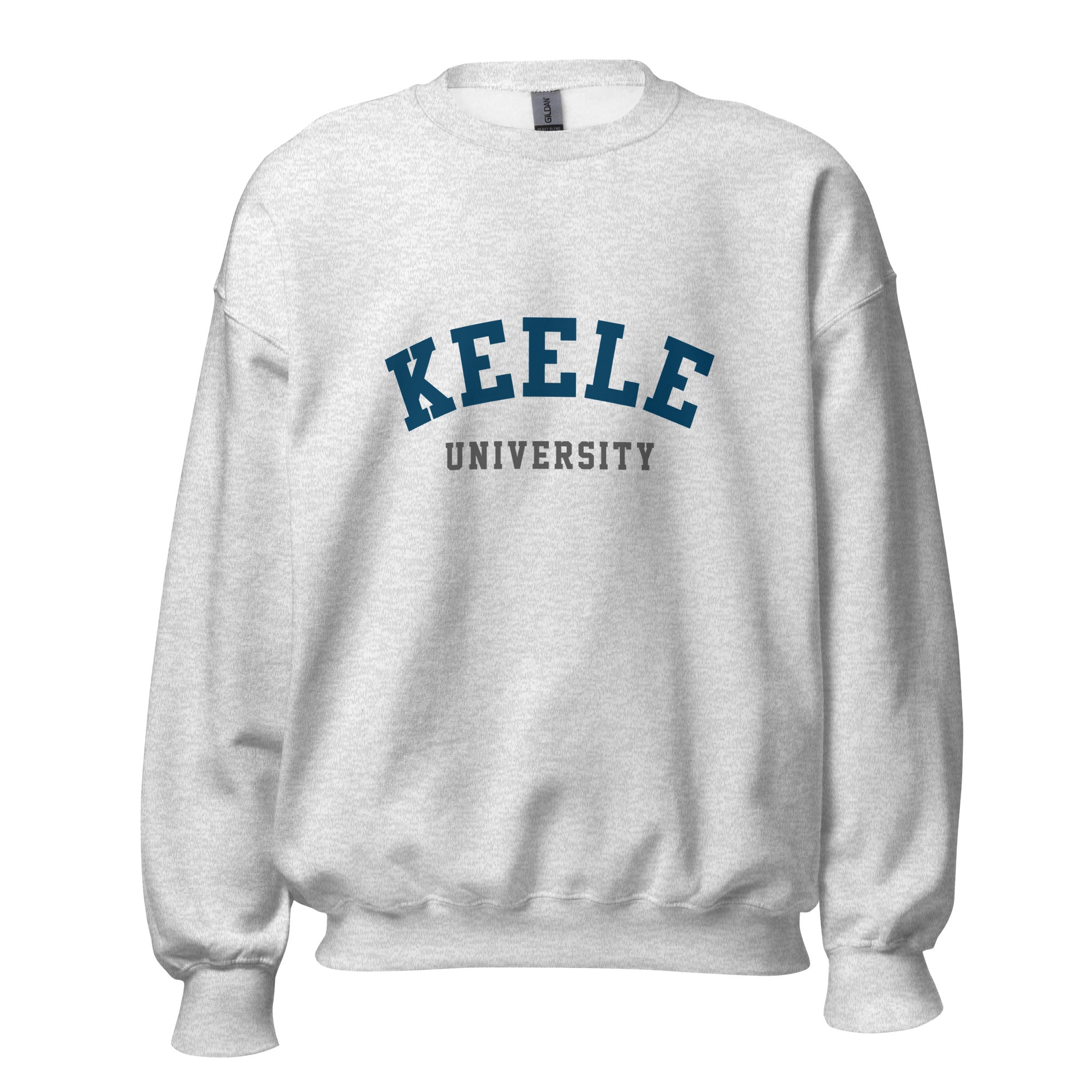 Unisex black sweatshirt featuring Keele University logo printed across the front chest