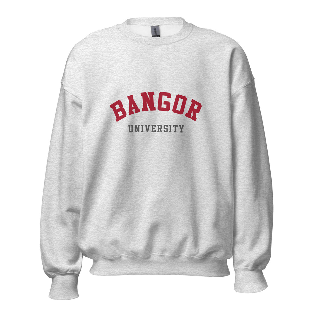 Unisex black sweatshirt featuring Bangor University logo printed across the front chest