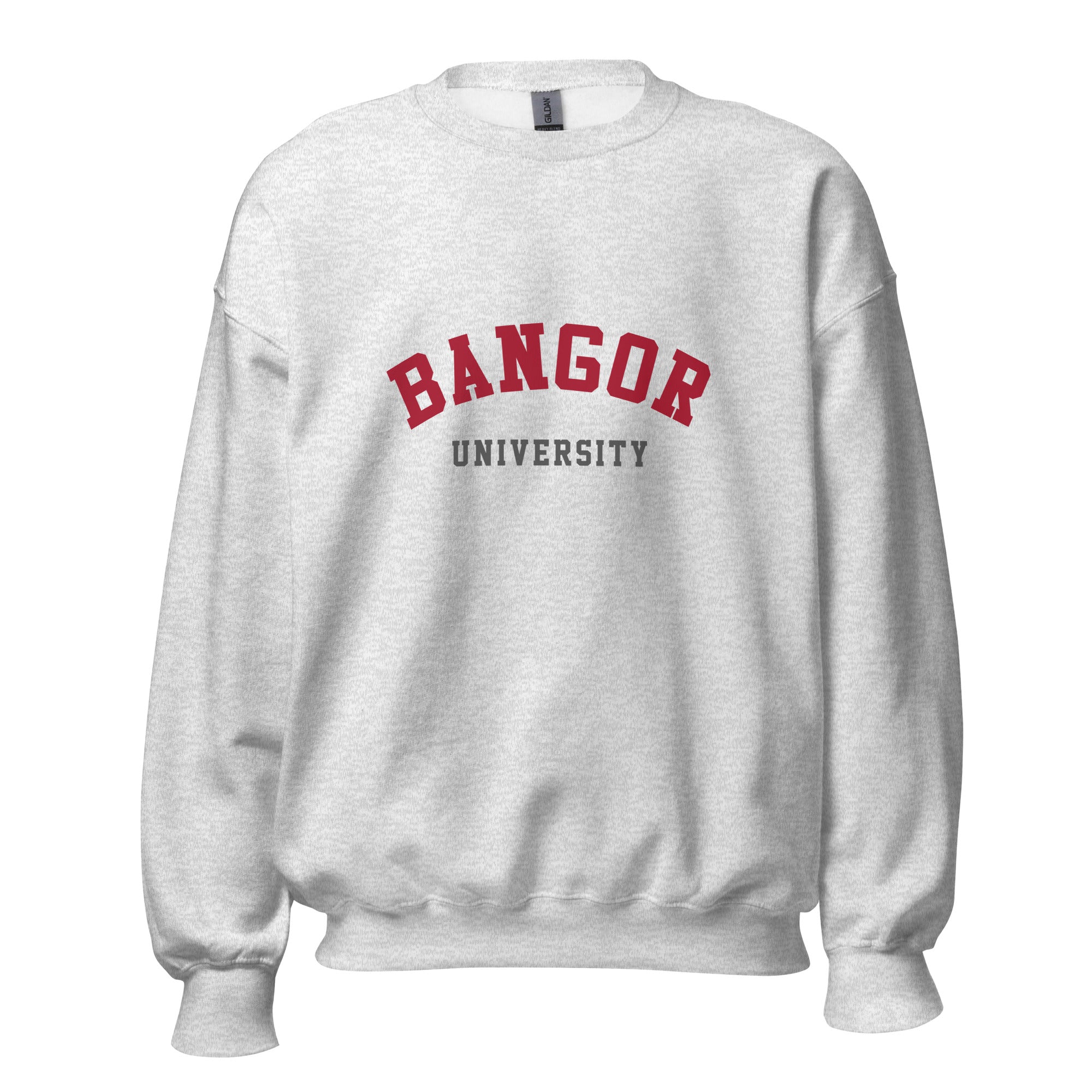 Unisex black sweatshirt featuring Bangor University logo printed across the front chest