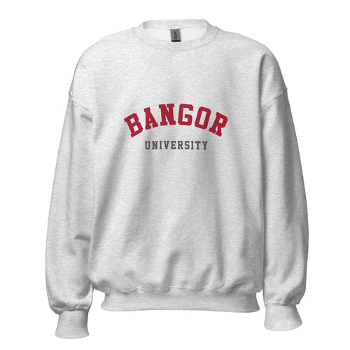 Unisex black sweatshirt featuring Bangor University logo printed across the front chest