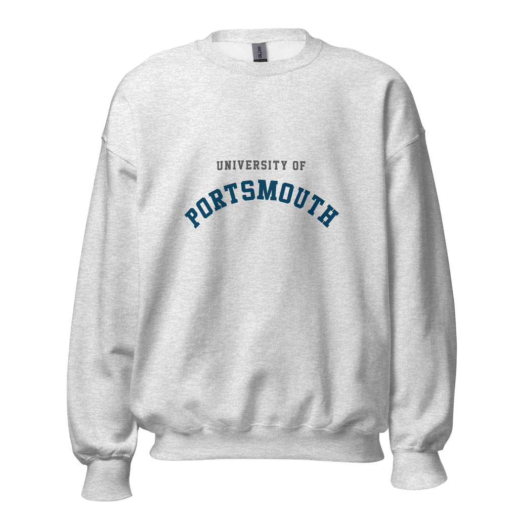 Unisex black sweatshirt featuring University of Portsmouth logo printed across the front chest