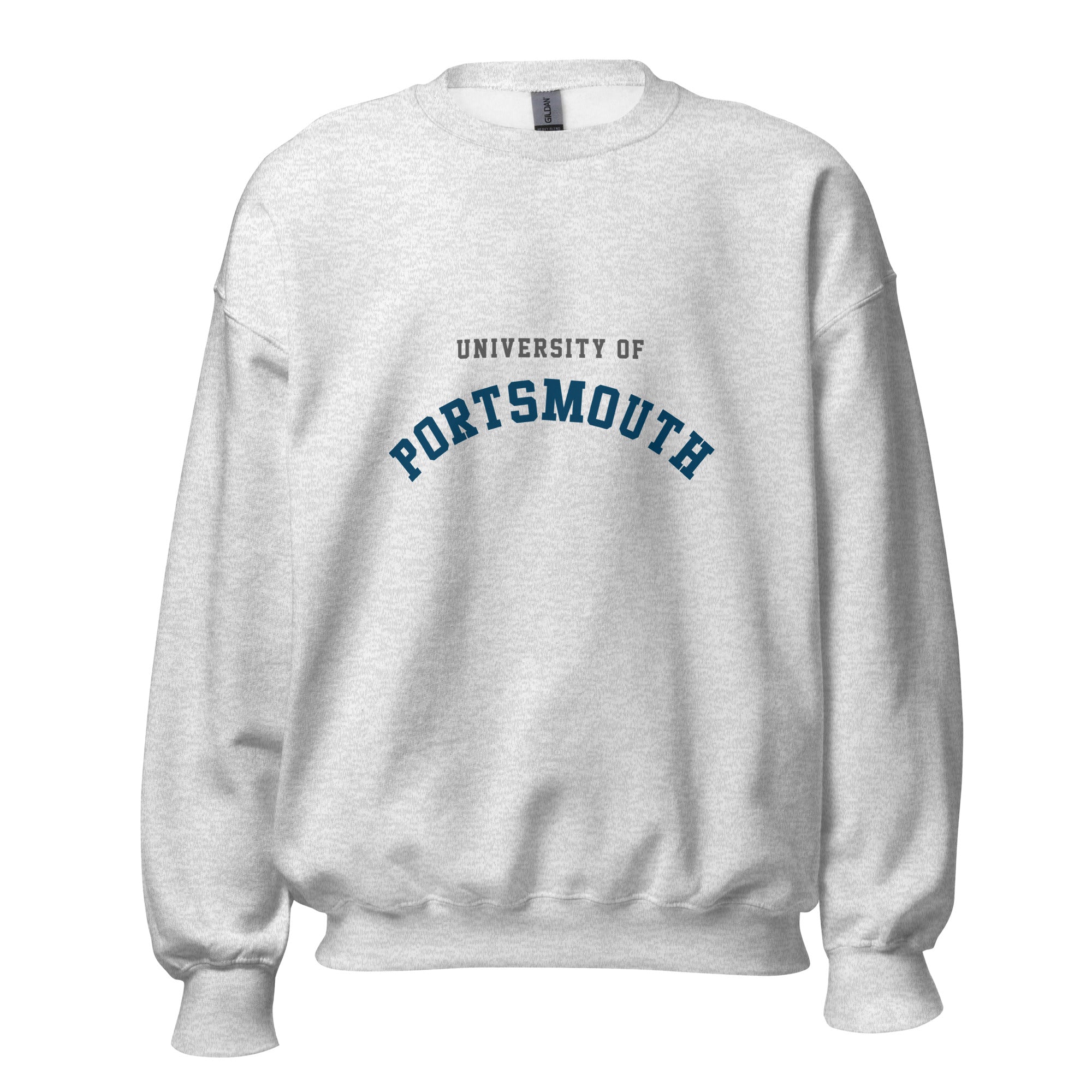 Unisex black sweatshirt featuring University of Portsmouth logo printed across the front chest