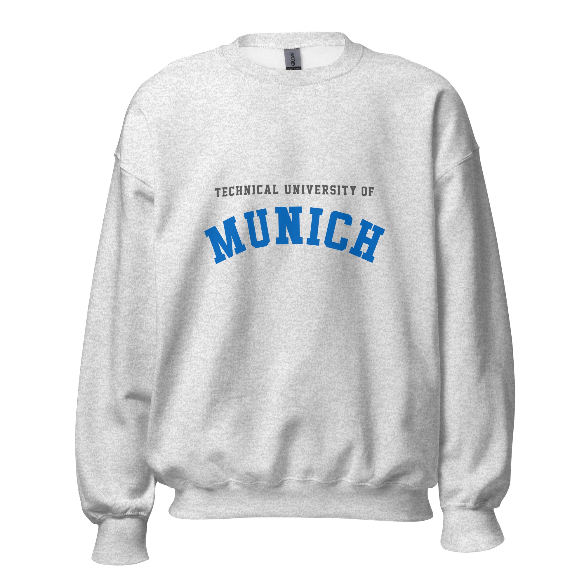 Unisex black sweatshirt featuring Technical University of Munich logo printed across the front chest