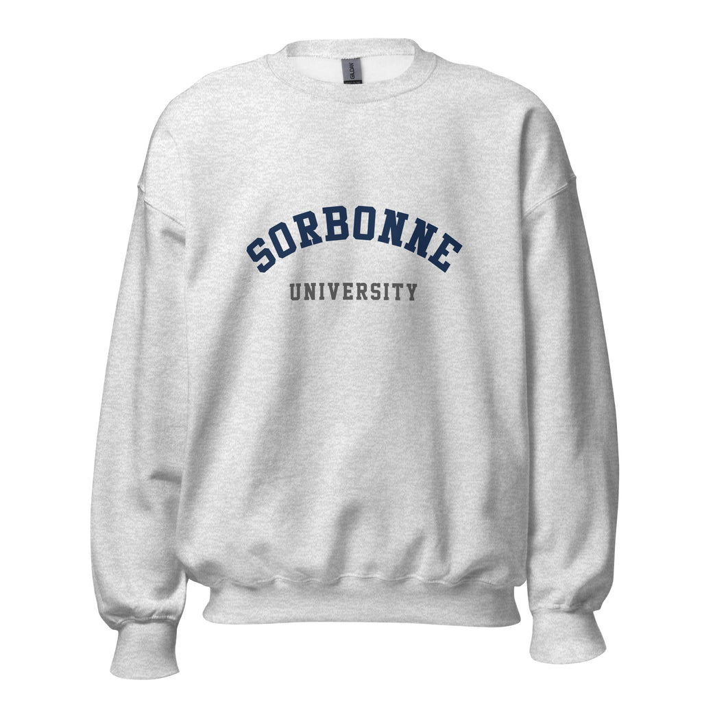 Unisex black sweatshirt featuring Sorbonne University logo printed across the front chest