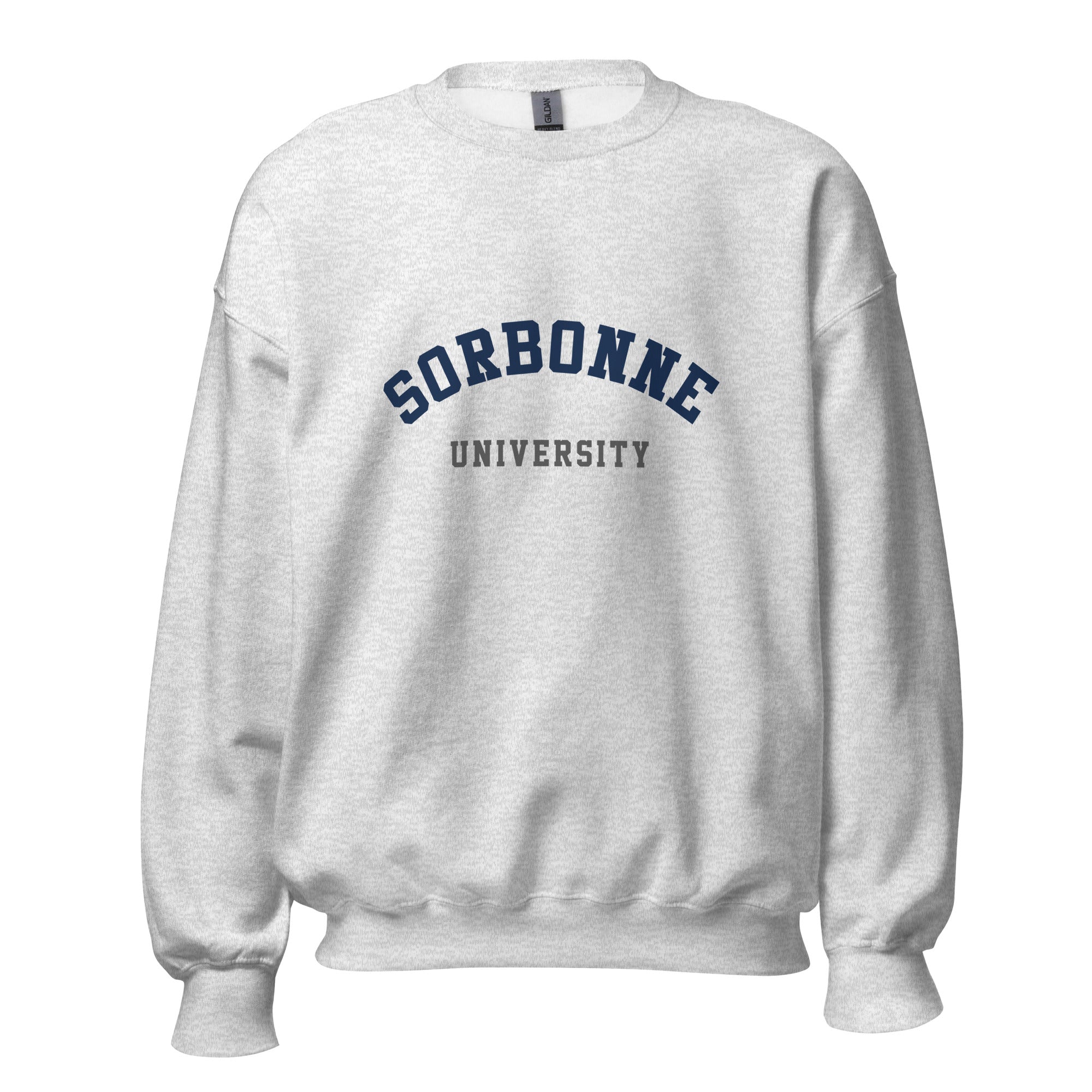 Unisex black sweatshirt featuring Sorbonne University logo printed across the front chest