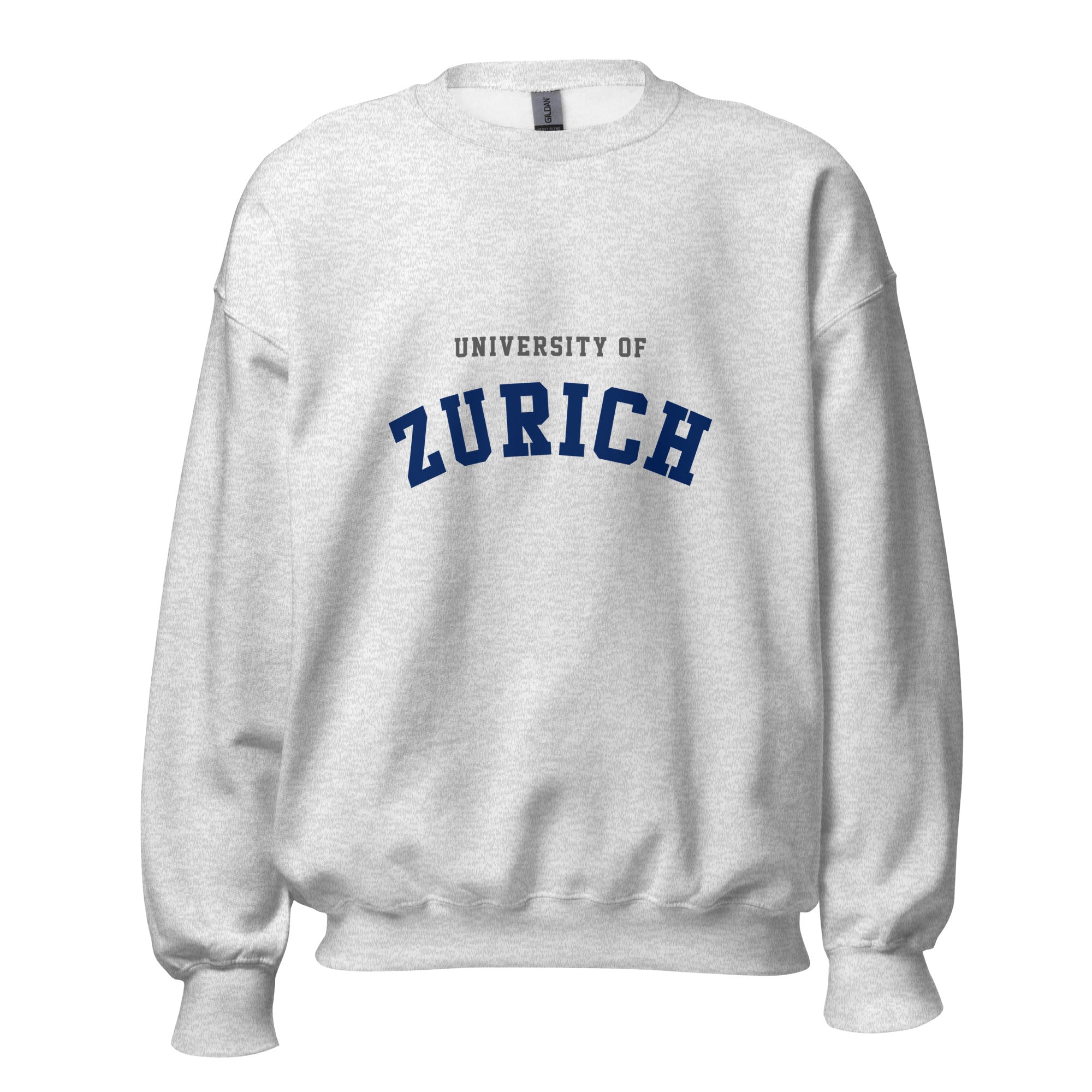 Unisex black sweatshirt featuring University of Zurich logo printed across the front chest