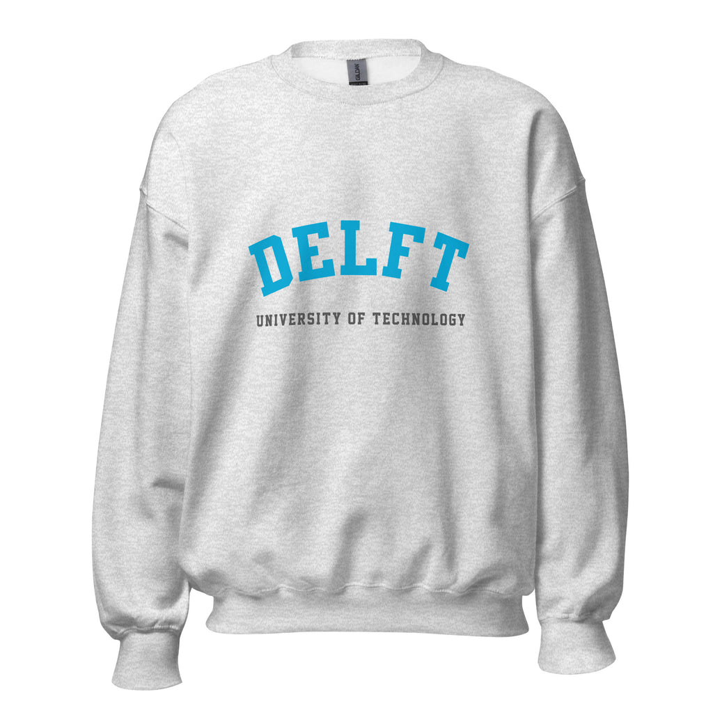 Unisex black sweatshirt featuring Delft University of Technology logo printed across the front chest