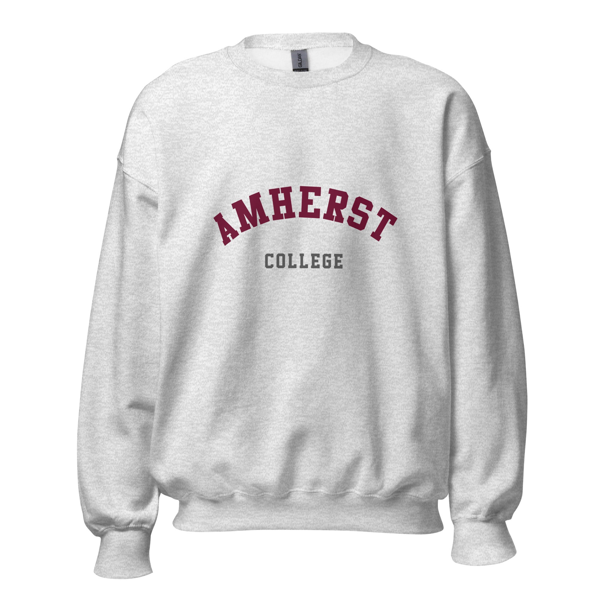 Unisex black sweatshirt featuring Amherst College logo printed across the front chest