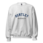 Unisex black sweatshirt featuring Bentley University logo printed across the front chest