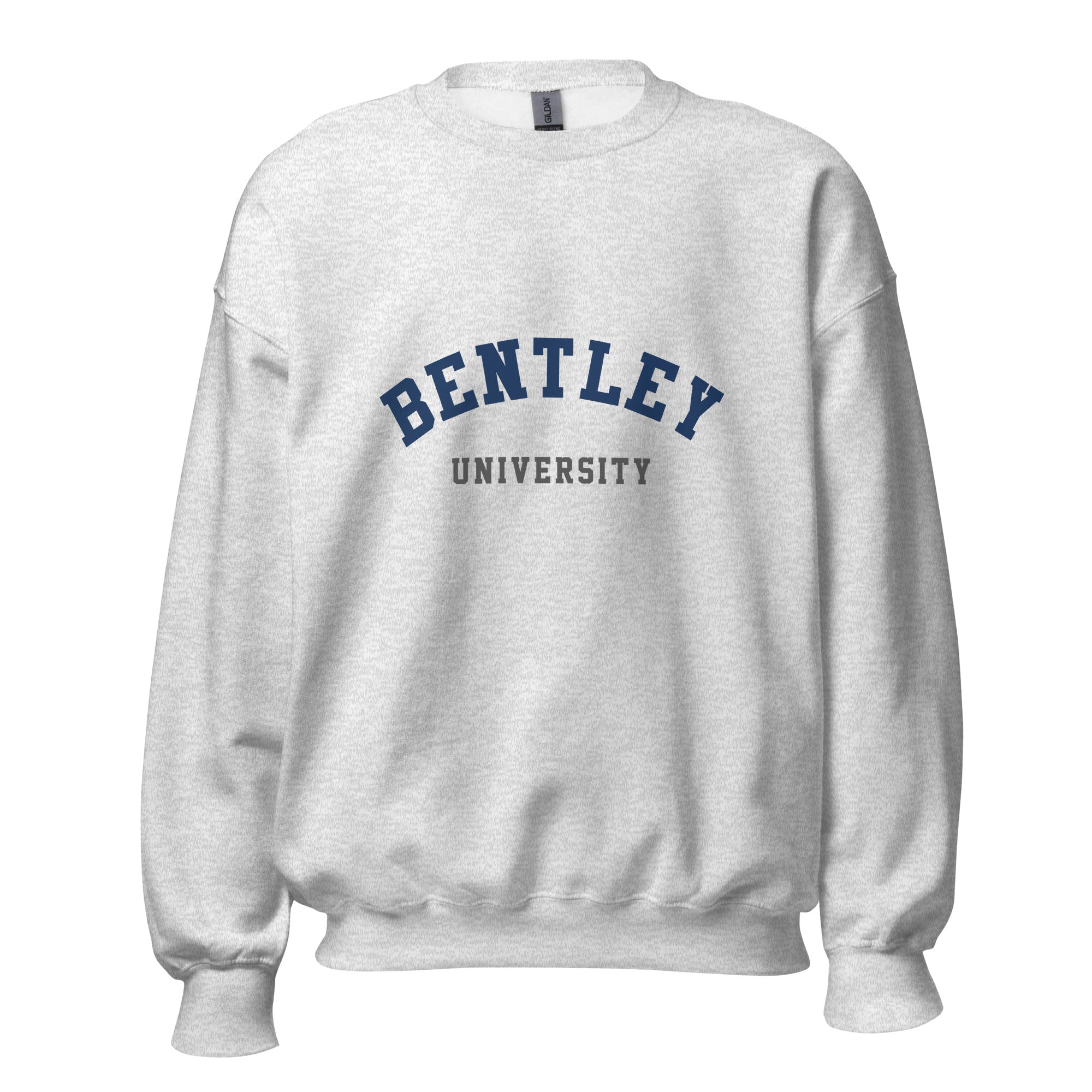 Unisex black sweatshirt featuring Bentley University logo printed across the front chest