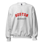 Unisex black sweatshirt featuring Boston University logo printed across the front chest