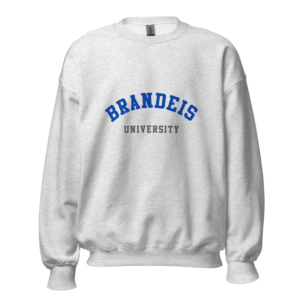 Unisex black sweatshirt featuring Brandeis University logo printed across the front chest