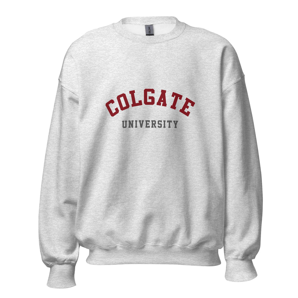 Unisex black sweatshirt featuring Colgate University logo printed across the front chest