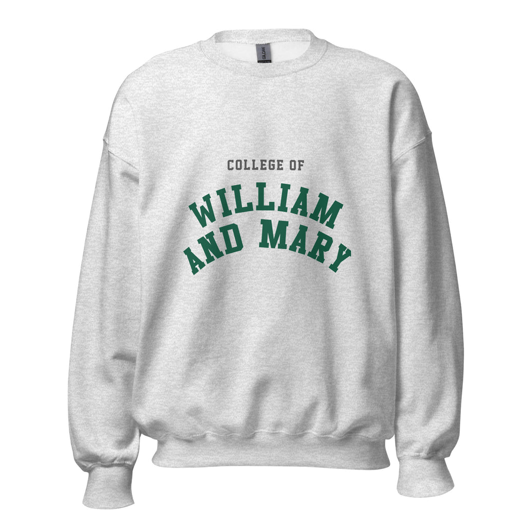 Unisex black sweatshirt featuring College of William & Mary logo printed across the front chest