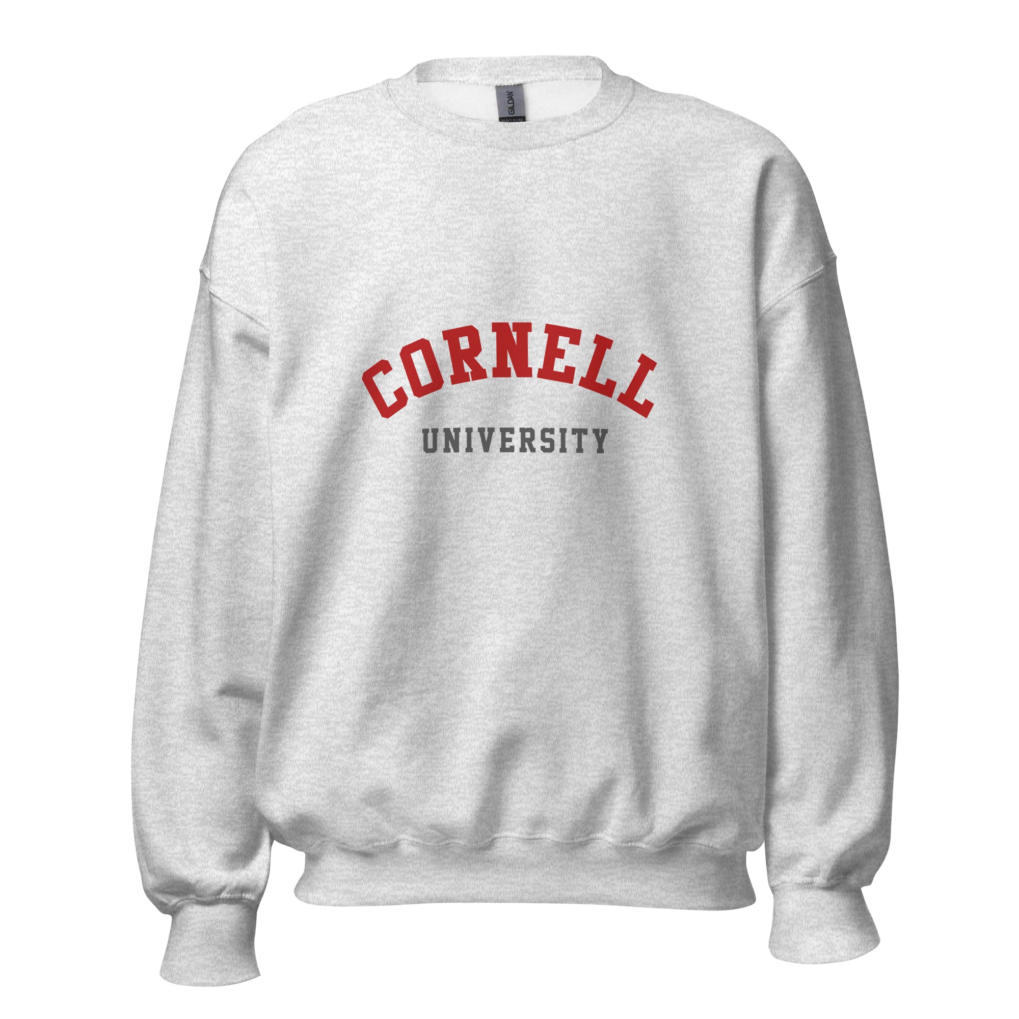 Unisex black sweatshirt featuring Cornell University logo printed across the front chest