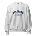 Unisex black sweatshirt featuring Duquesne University logo printed across the front chest