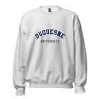 Unisex black sweatshirt featuring Duquesne University logo printed across the front chest