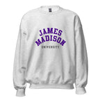 Unisex black sweatshirt featuring James Madison University logo printed across the front chest