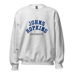 Unisex black sweatshirt featuring Johns Hopkins University logo printed across the front chest