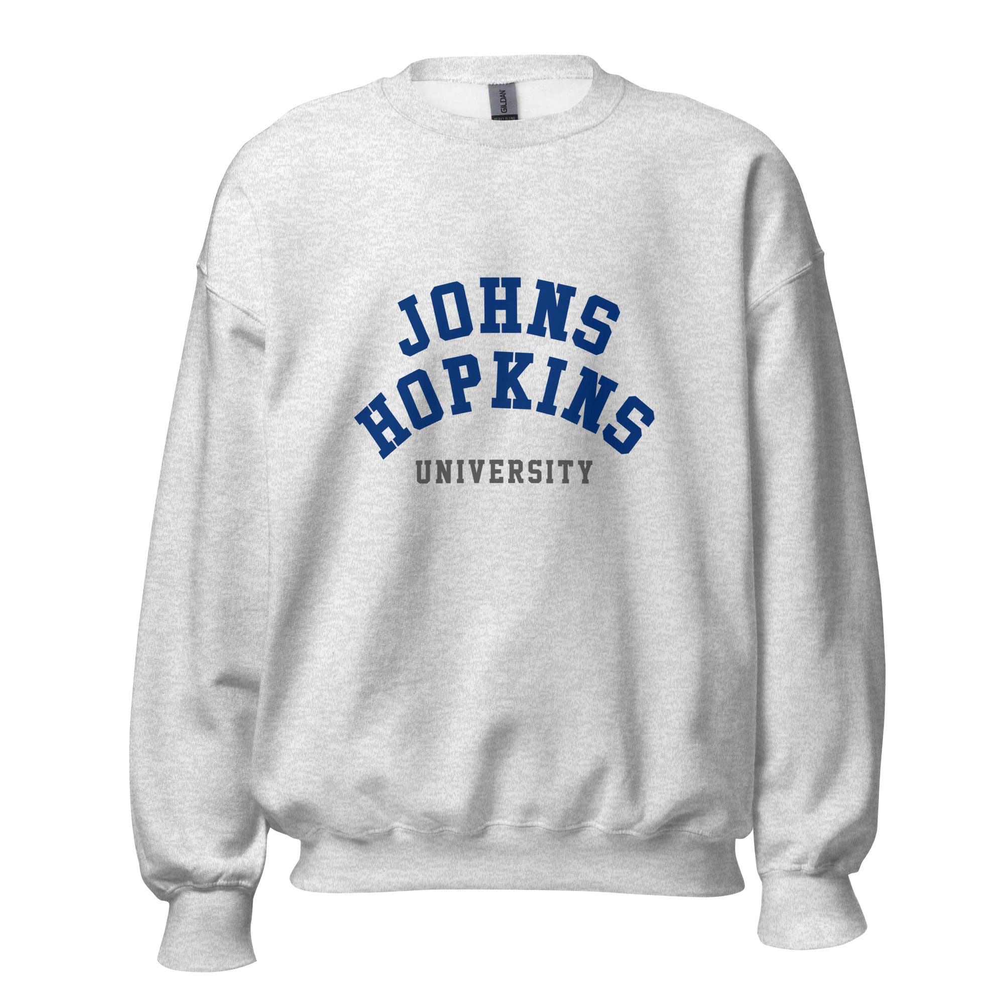 Unisex black sweatshirt featuring Johns Hopkins University logo printed across the front chest