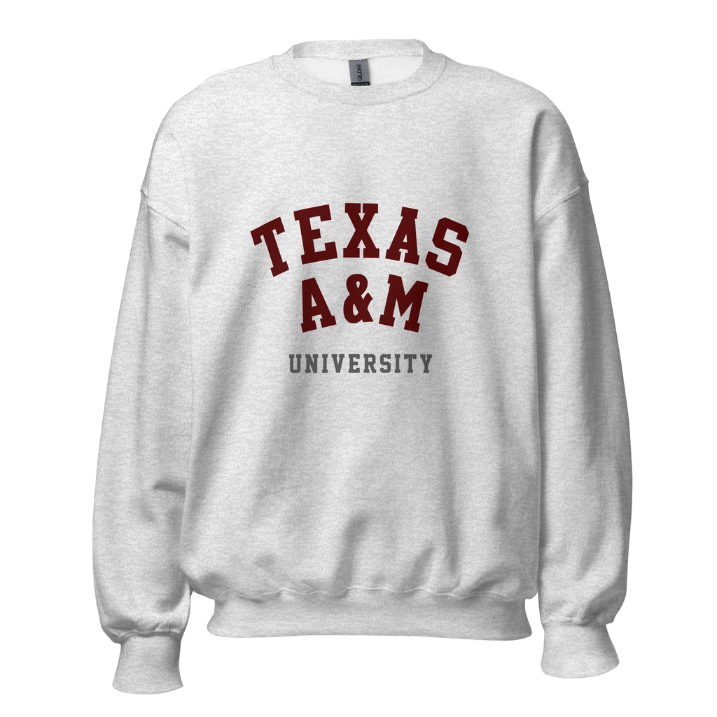 Unisex black sweatshirt featuring Texas A&M University logo printed across the front chest
