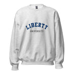 Unisex black sweatshirt featuring Liberty University logo printed across the front chest