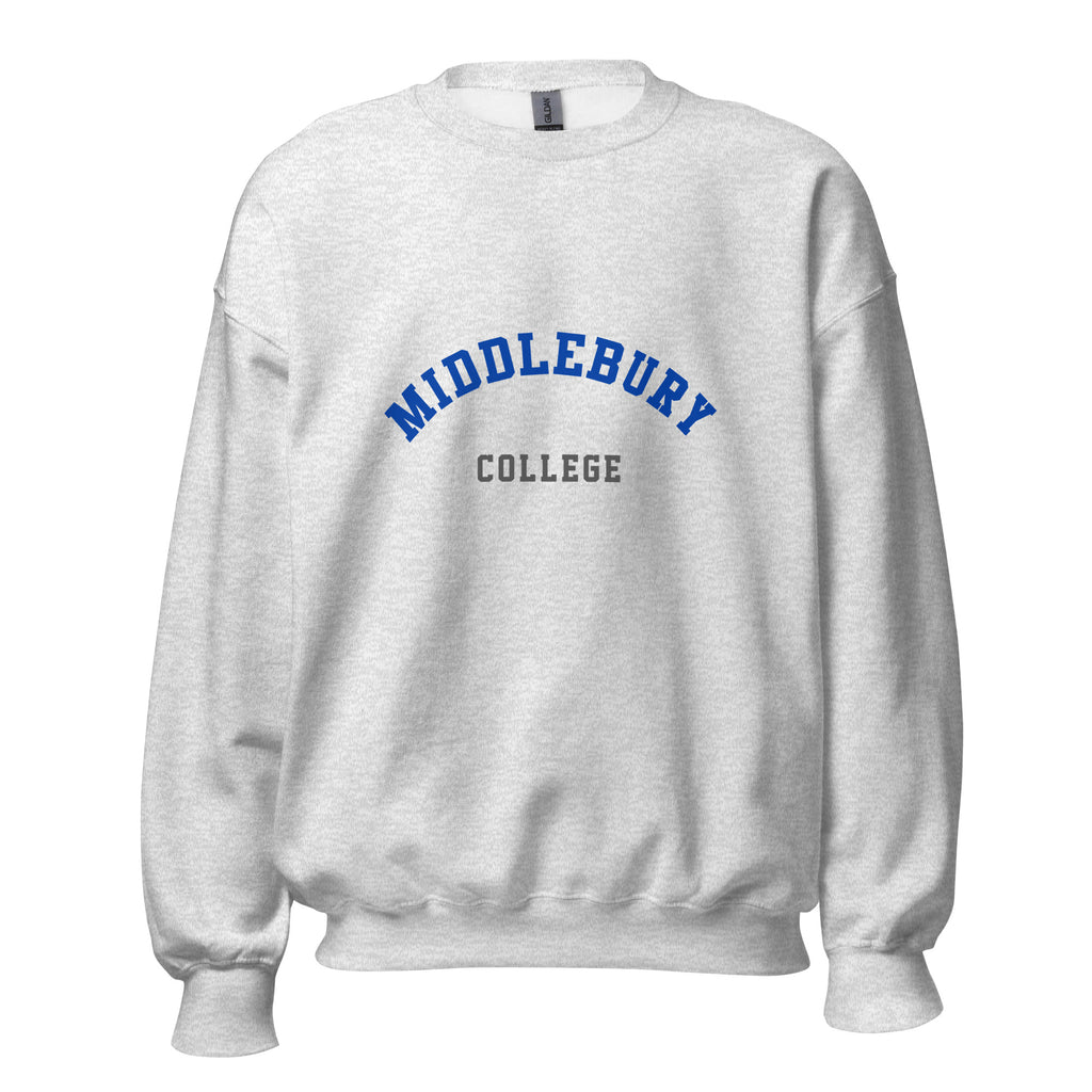 Unisex black sweatshirt featuring Middlebury College logo printed across the front chest