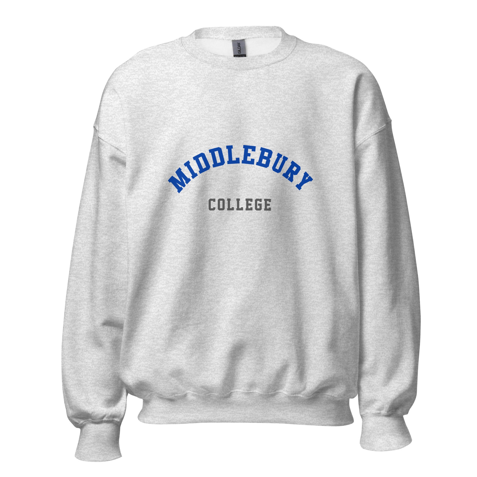 Unisex black sweatshirt featuring Middlebury College logo printed across the front chest