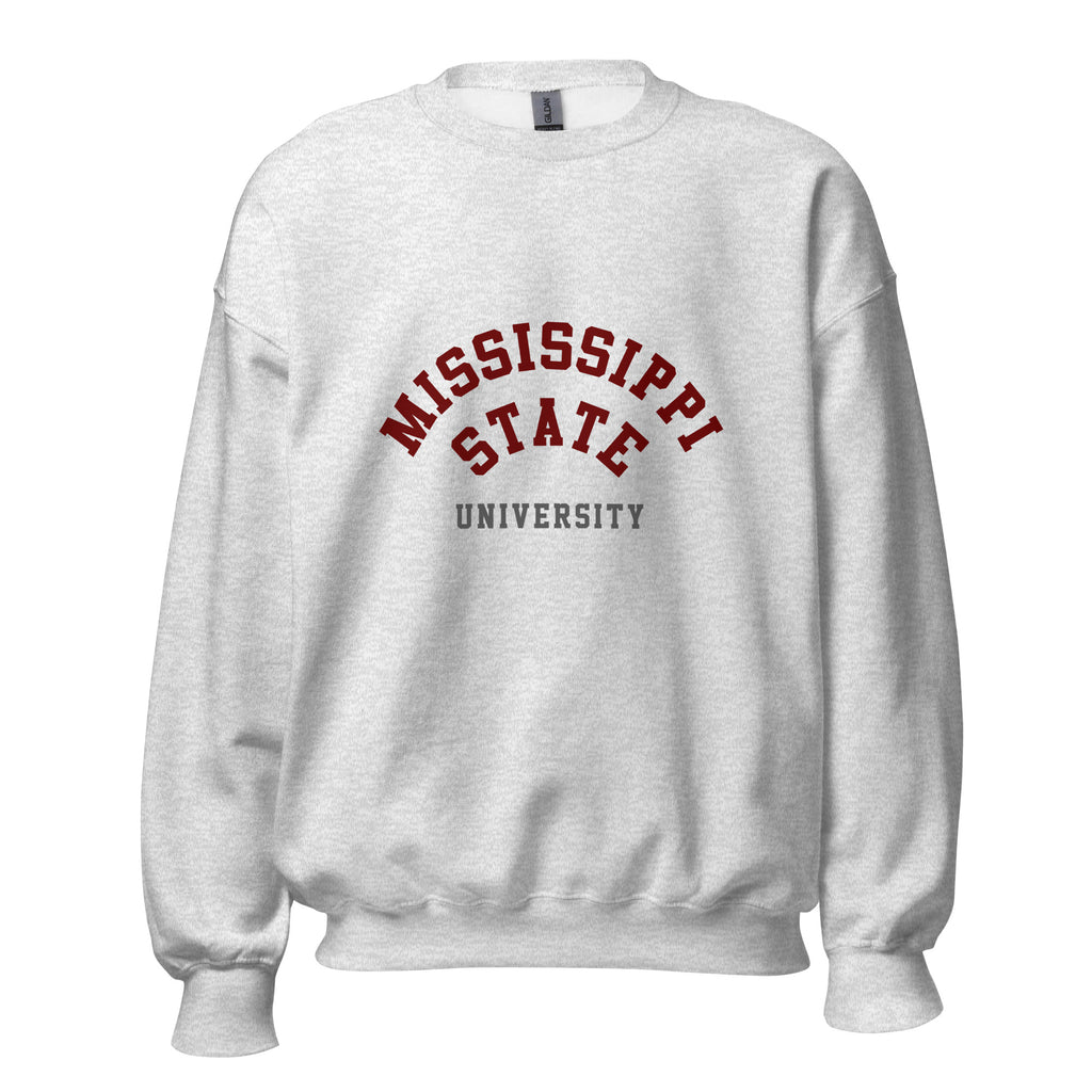 Unisex black sweatshirt featuring Mississippi State University logo printed across the front chest