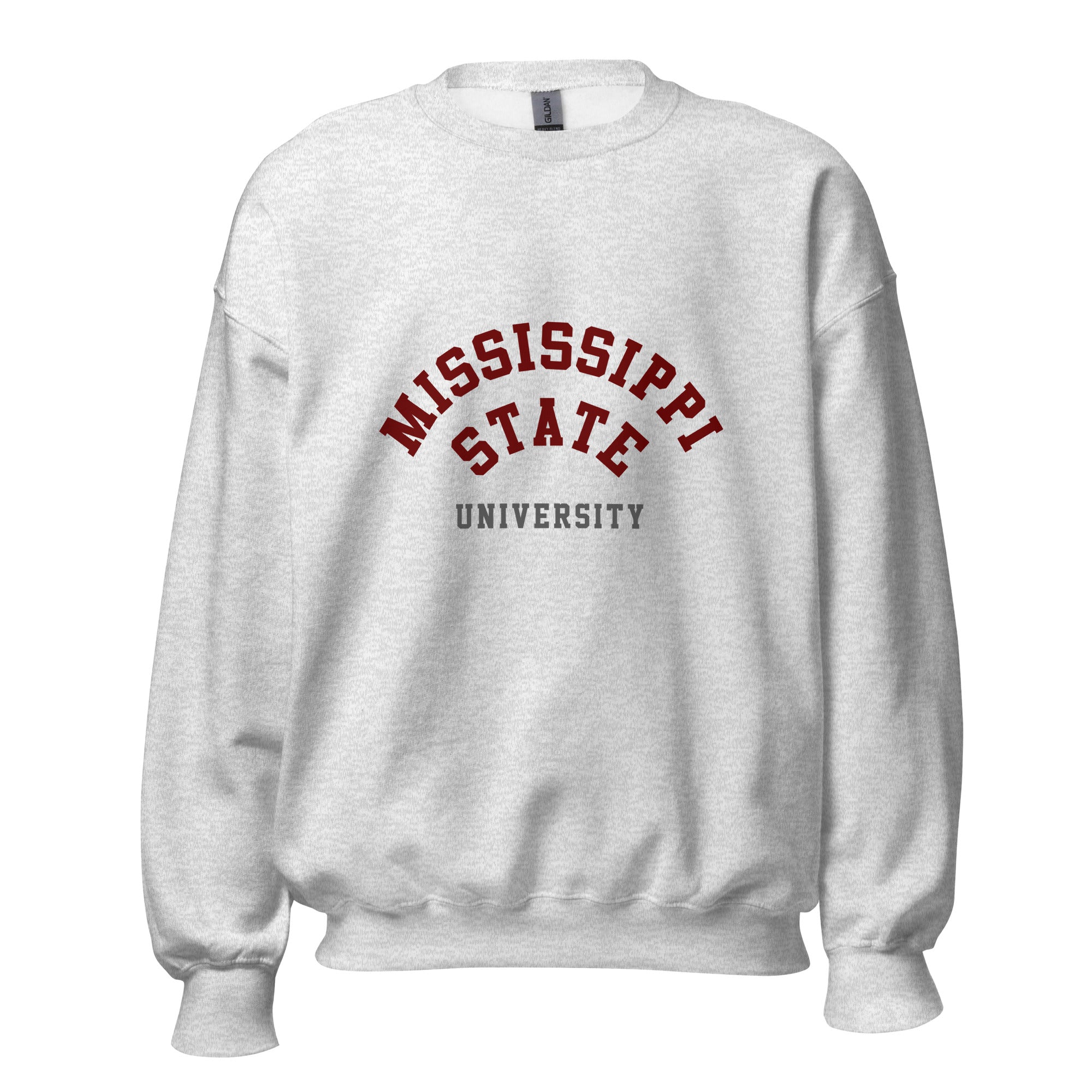 Unisex black sweatshirt featuring Mississippi State University logo printed across the front chest