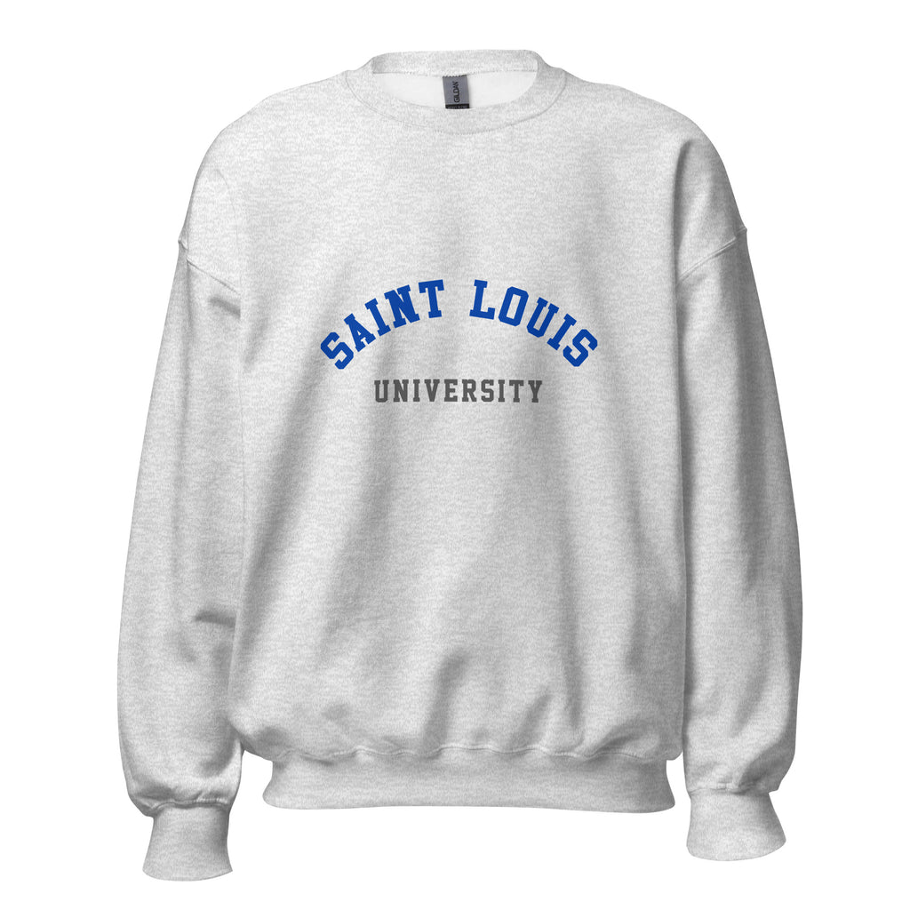 Unisex black sweatshirt featuring Saint Louis University logo printed across the front chest