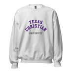 Unisex black sweatshirt featuring Texas Christian University logo printed across the front chest