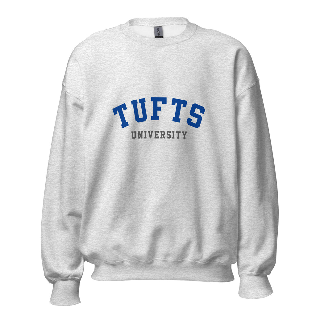 Unisex black sweatshirt featuring Tufts University logo printed across the front chest