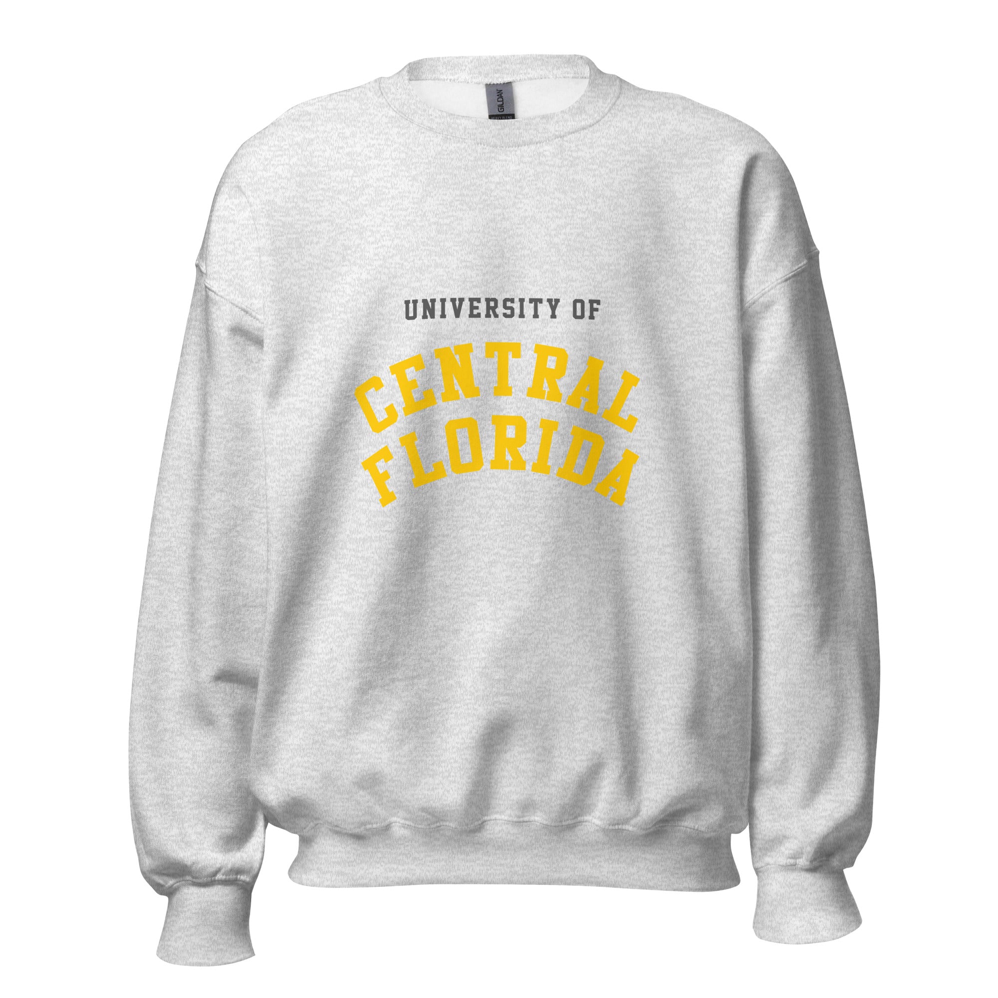 Unisex heather gray sweatshirt featuring University of Central Florida logo printed across the front chest