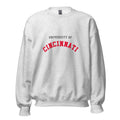 Unisex black sweatshirt featuring University of Cincinnati logo printed across the front chest