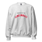 Unisex black sweatshirt featuring University of Cincinnati logo printed across the front chest