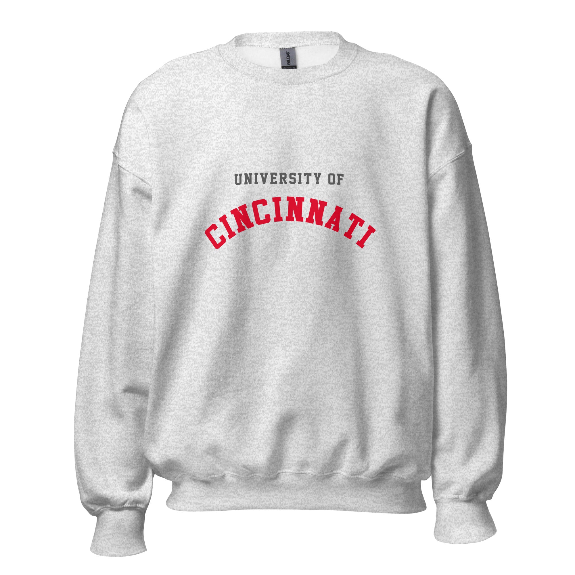 Unisex black sweatshirt featuring University of Cincinnati logo printed across the front chest