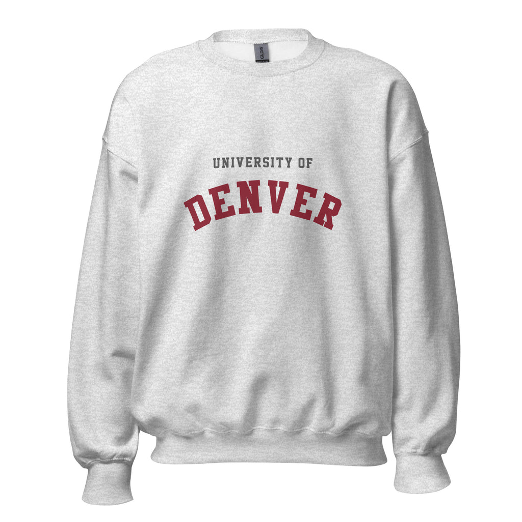 Unisex black sweatshirt featuring University of Denver logo printed across the front chest