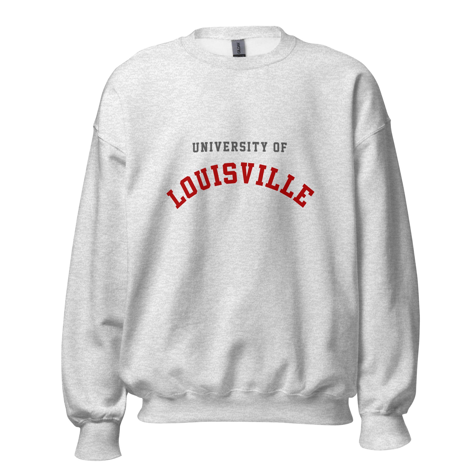 Unisex black sweatshirt featuring University of Louisville logo printed across the front chest