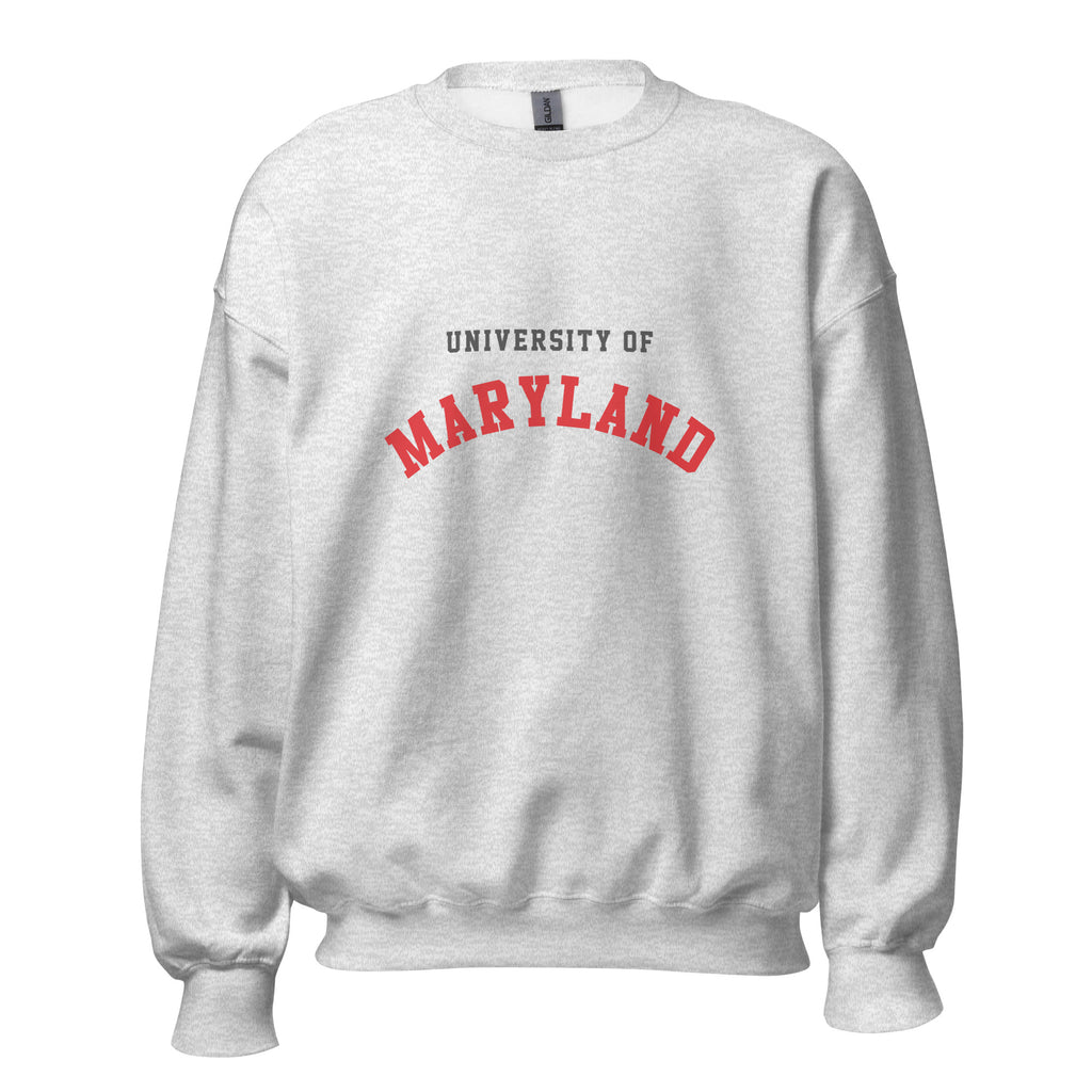 Unisex black sweatshirt featuring University of Maryland logo printed across the front chest