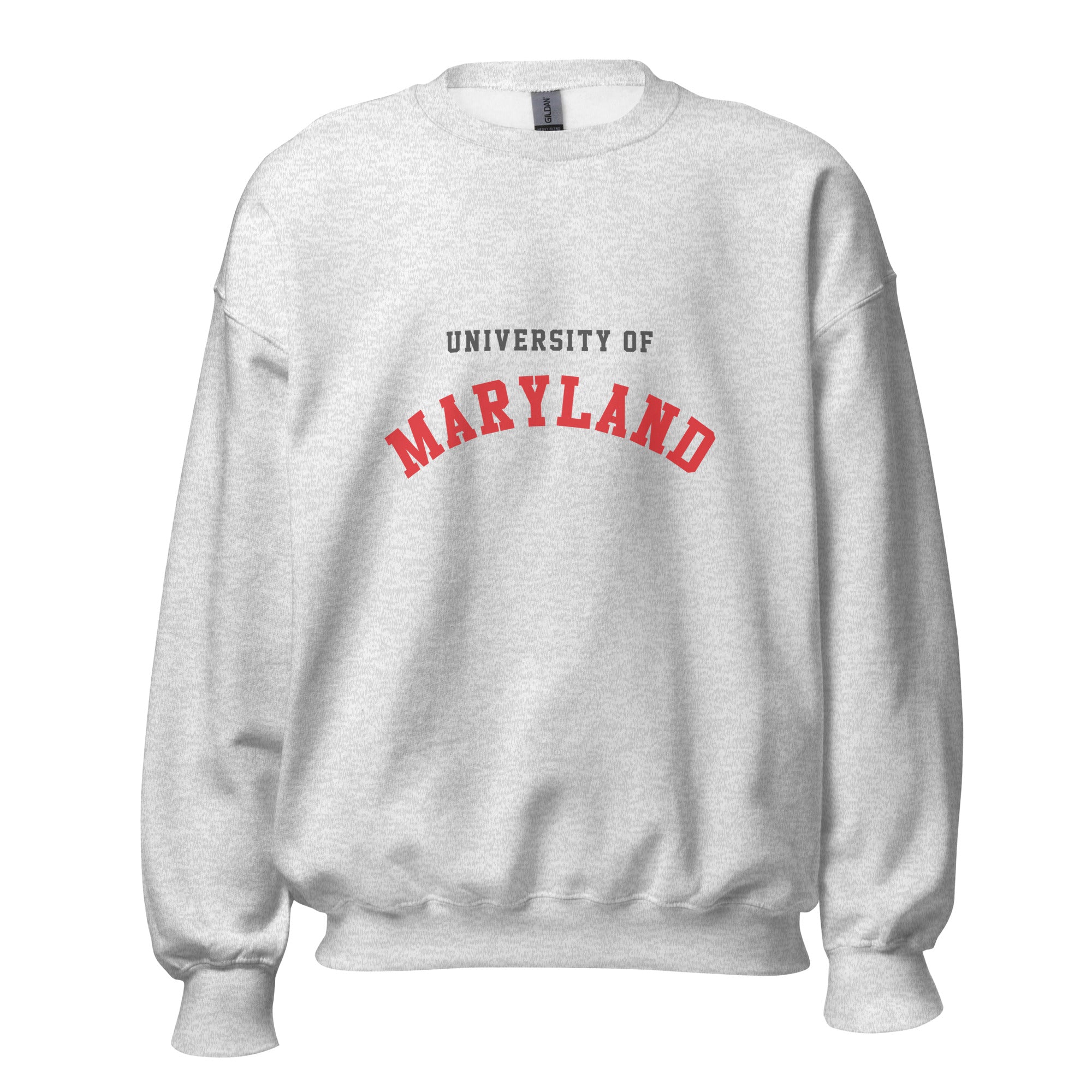 Unisex black sweatshirt featuring University of Maryland logo printed across the front chest