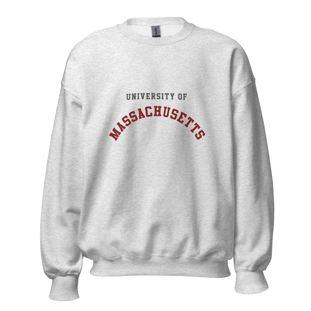 Unisex black sweatshirt featuring University of Massachusetts logo printed across the front chest