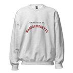 Unisex black sweatshirt featuring University of Massachusetts logo printed across the front chest